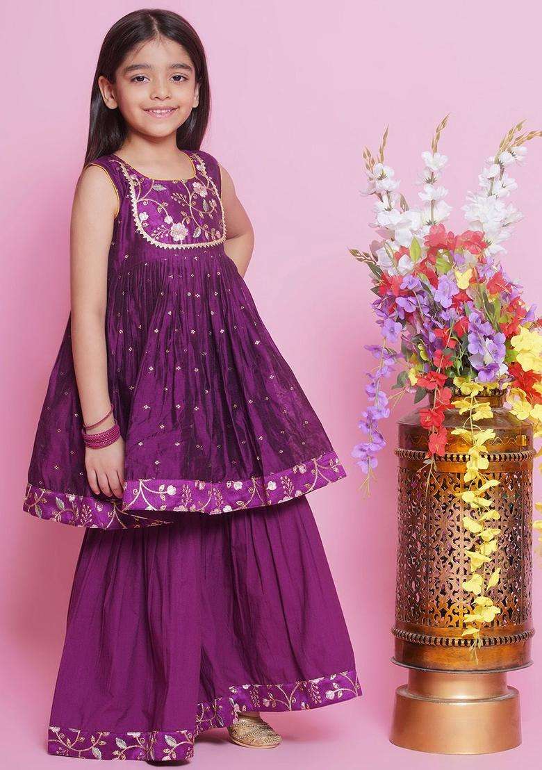 Purple Embroidered Silk Kurta Set For Girls - Indya
