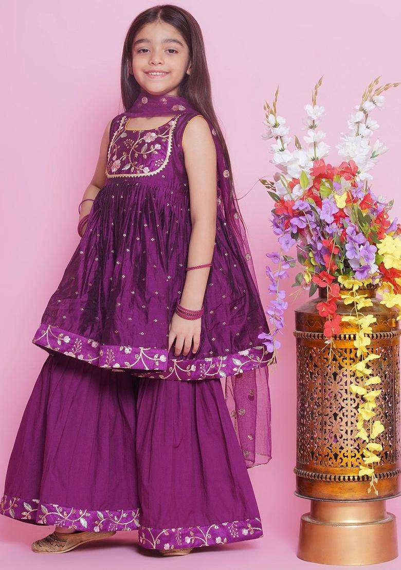 Purple Embroidered Silk Kurta Set For Girls - Indya