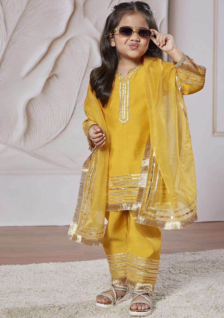 Yellow Yoke Design Silk Kurta Set For Girls - Indya
