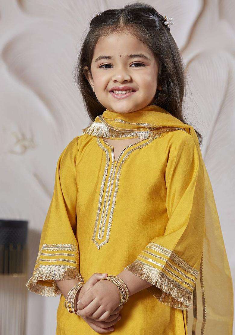 Yellow Yoke Design Silk Kurta Set For Girls - Indya