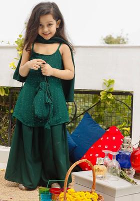 Green Self Design Georgette Kurta Set For Girls