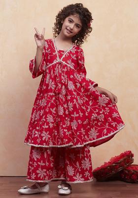 Red Printed Cotton Kurta Set For Girls