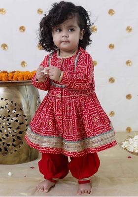 Red Printed Cotton Kurta Set For Girls