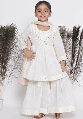Off White Embroidered Cotton Kurta Set For Girls