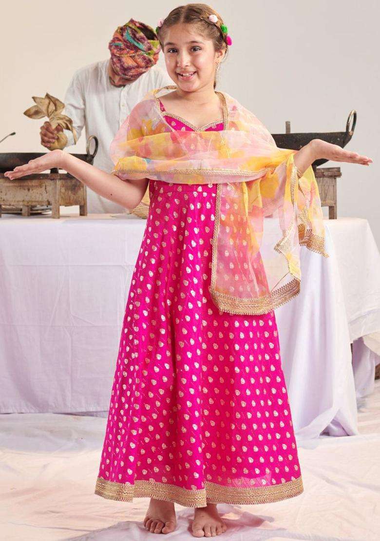 Magenta Printed Silk Kurta Set For Girls - Indya