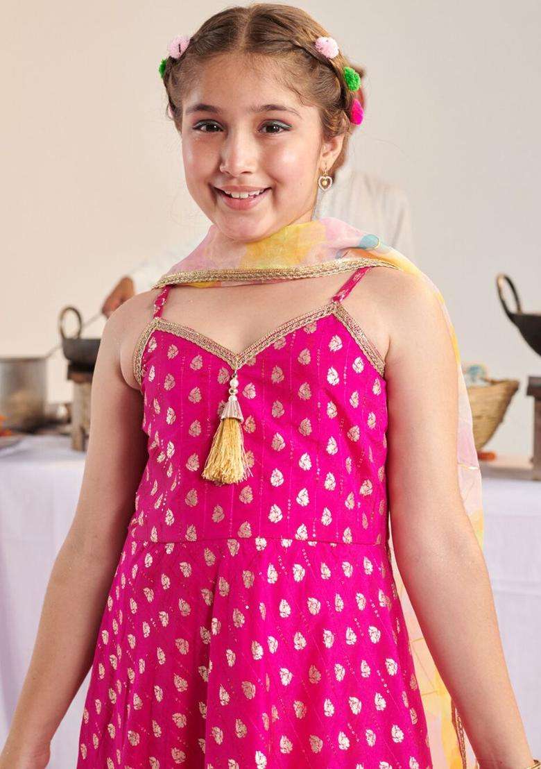 Magenta Printed Silk Kurta Set For Girls - Indya