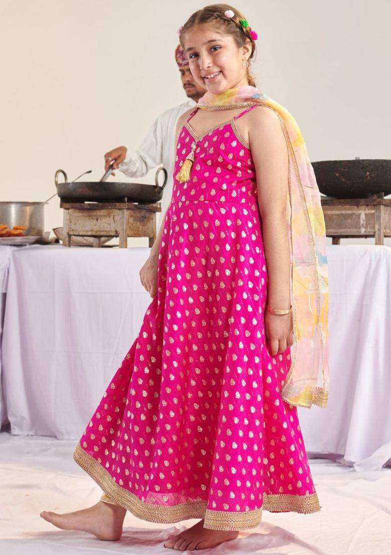 Magenta Printed Silk Kurta Set For Girls - Indya