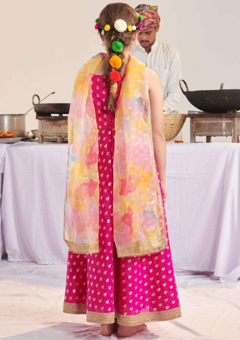 Magenta Printed Silk Kurta Set For Girls - Indya