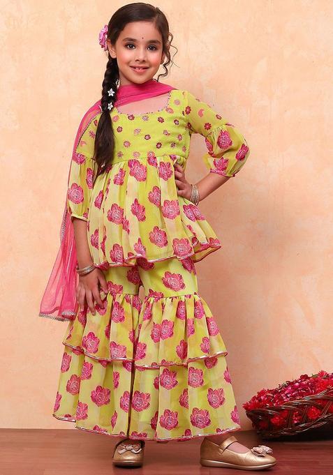 Green Printed Polyester Kurta Set For Girls — view on Indya