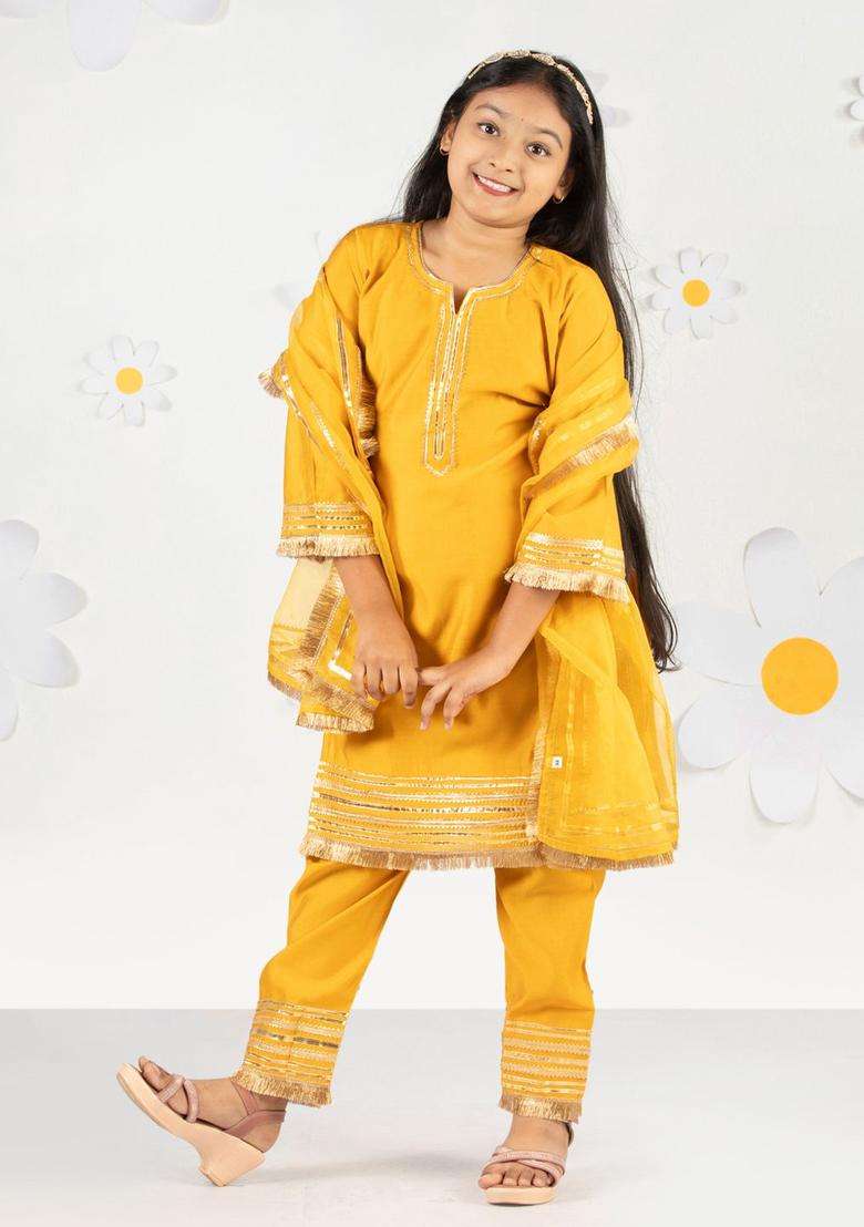 Yellow Yoke Design Silk Kurta Set For Girls - Indya