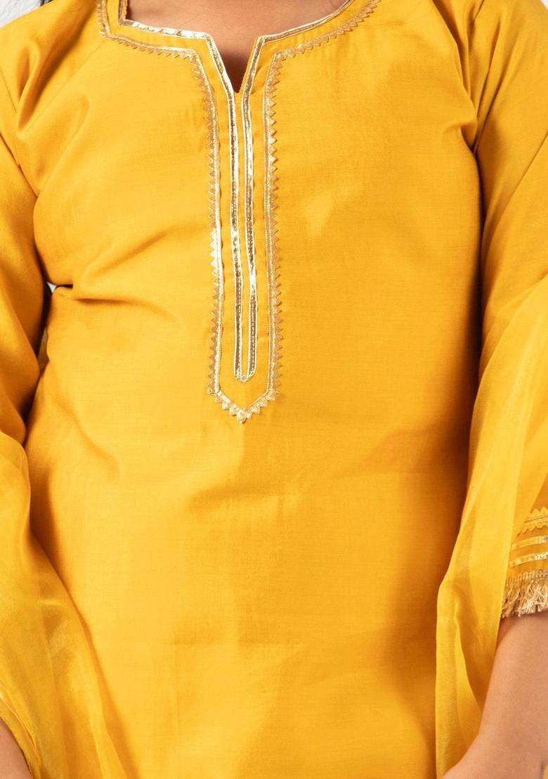 Yellow Yoke Design Silk Kurta Set For Girls - Indya