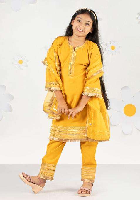 Yellow Yoke Design Silk Kurta Set For Girls