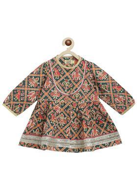 Green Printed Cotton Kurta Set For Girls