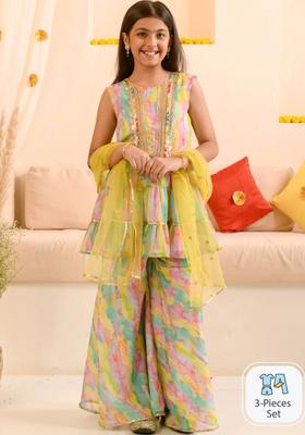 Yellow Dyed Georgette Kurta Set For Girls