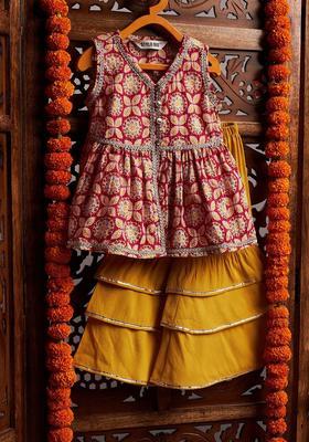 Red Printed Cotton Kurta Set For Girls