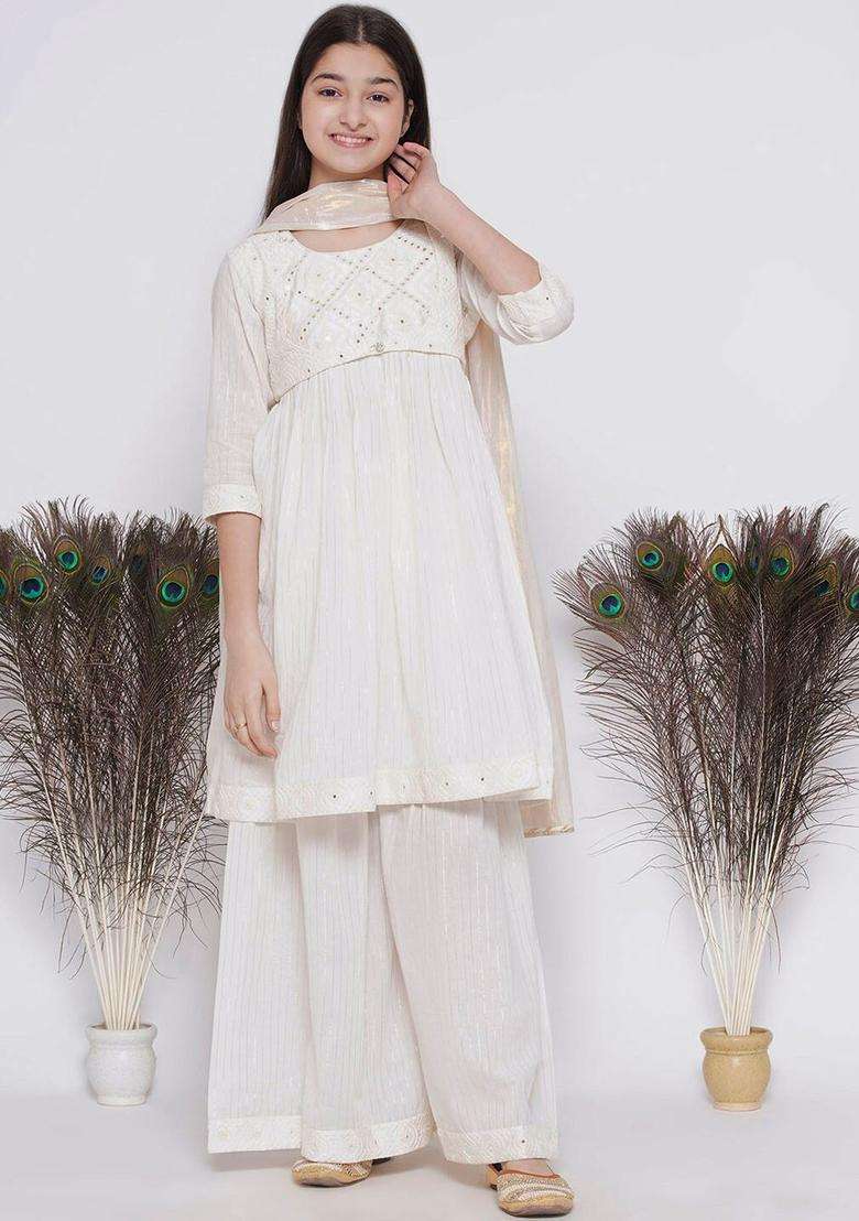 Cream Embroidered Cotton Kurta Set For Girls - Indya