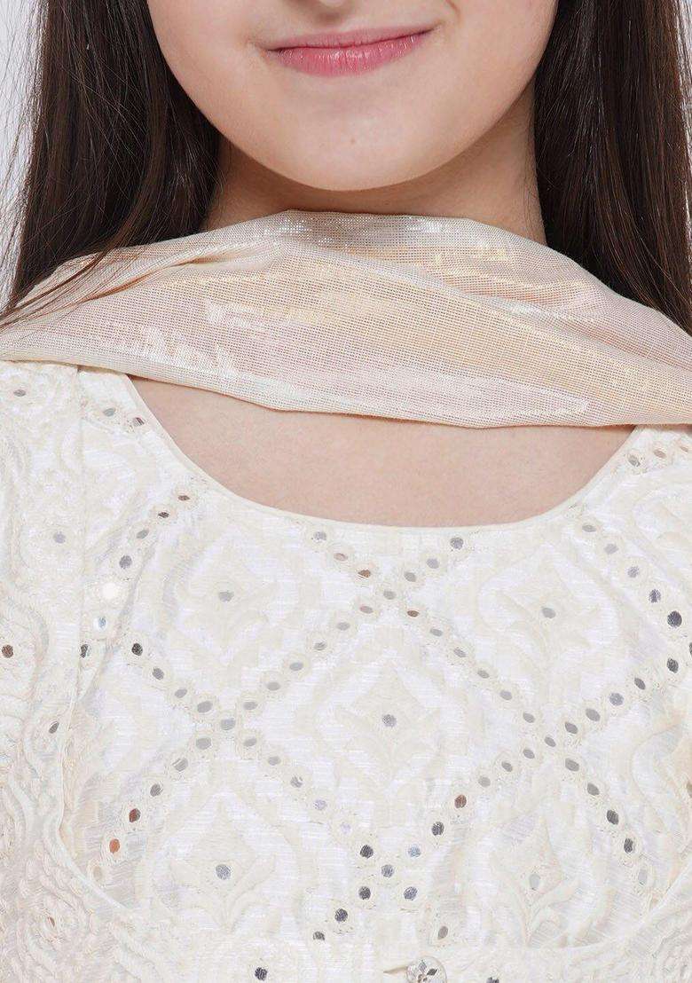 Cream Embroidered Cotton Kurta Set For Girls - Indya