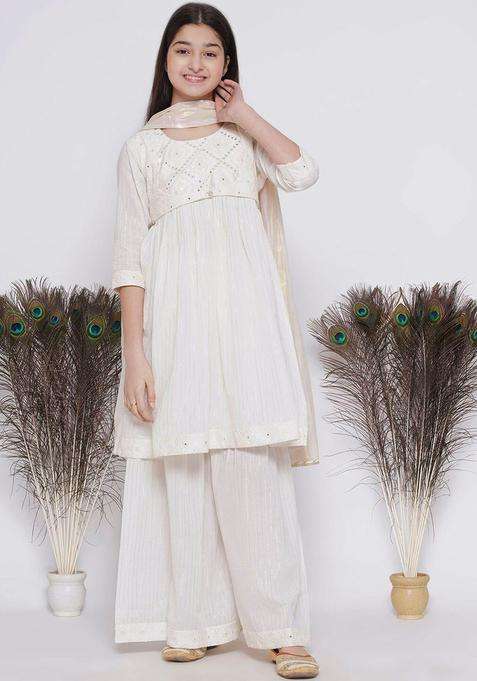 Cream Embroidered Cotton Kurta Set For Girls