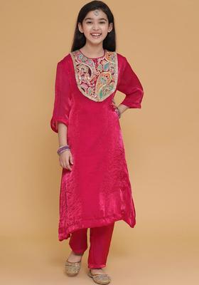 Pink Embroidered Silk Kurta Set For Girls