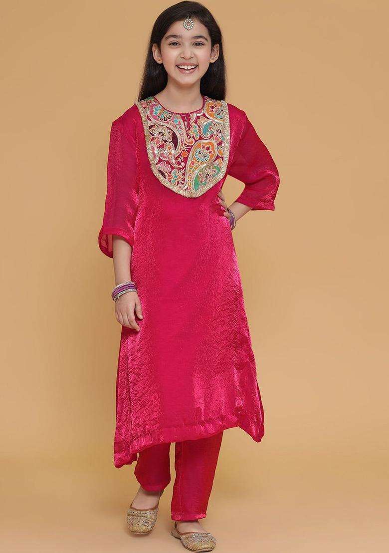 Pink Embroidered Silk Kurta Set For Girls - Indya