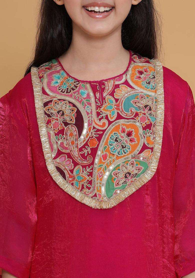Pink Embroidered Silk Kurta Set For Girls - Indya