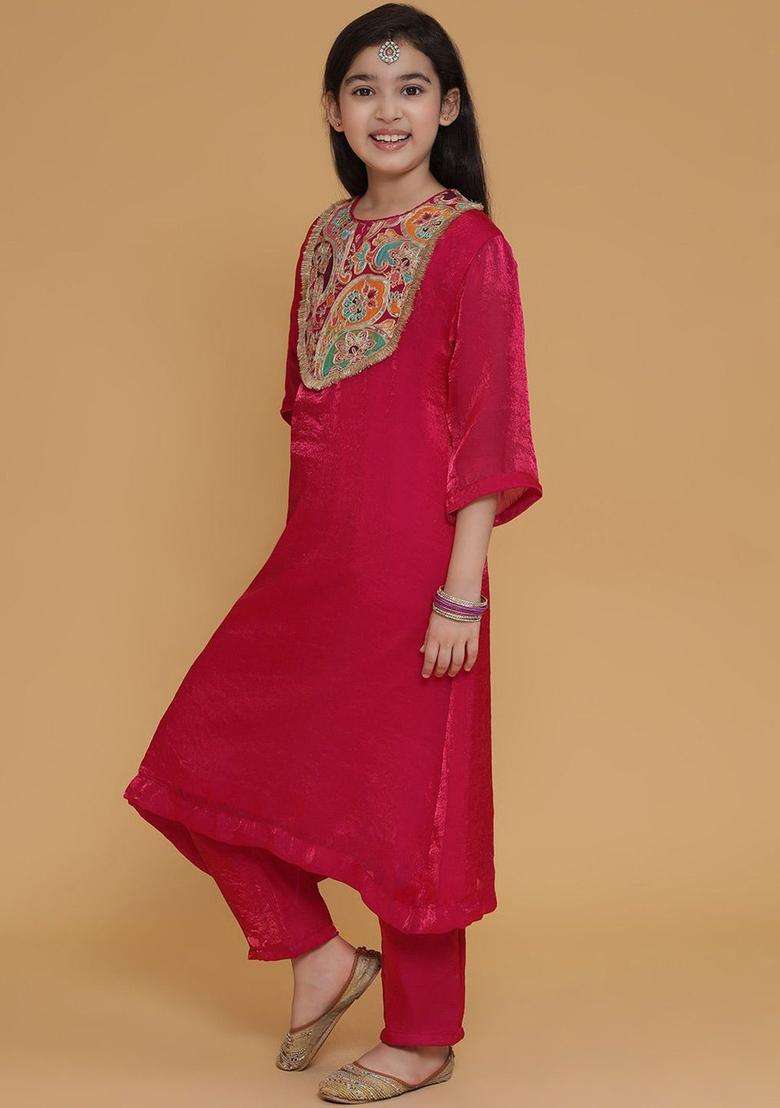 Pink Embroidered Silk Kurta Set For Girls - Indya