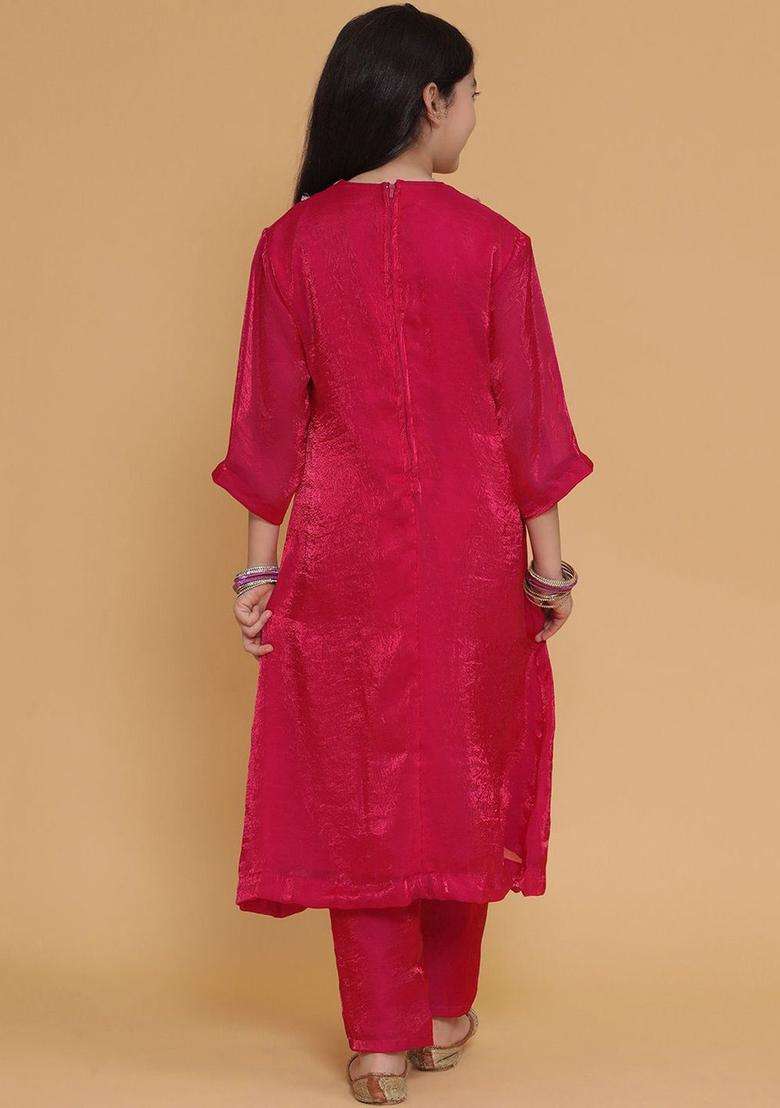 Pink Embroidered Silk Kurta Set For Girls - Indya