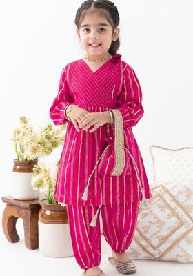 Pink Striped Cotton Kurta Set For Girls