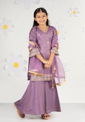 Lavender Embroidered Tissue Kurta Set For Girls
