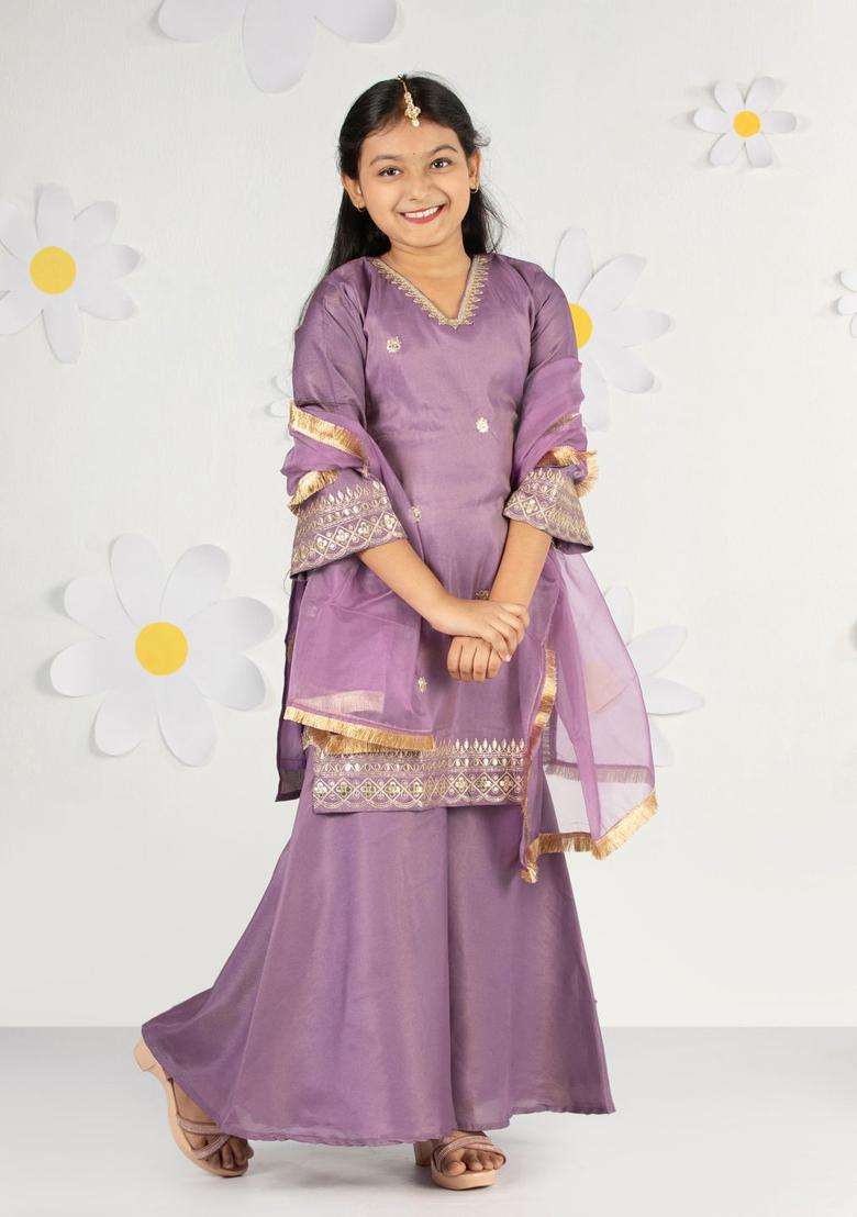 Lavender Embroidered Tissue Kurta Set For Girls - Indya