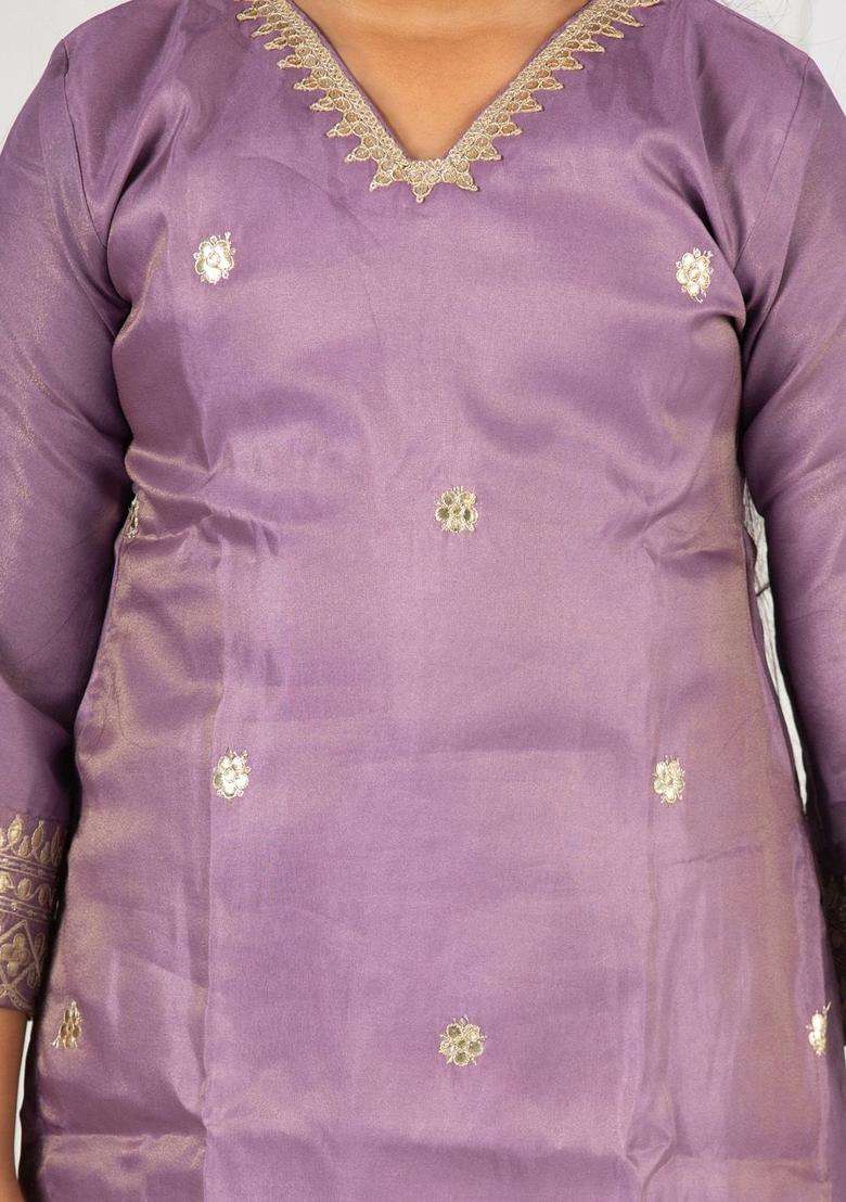 Lavender Embroidered Tissue Kurta Set For Girls - Indya