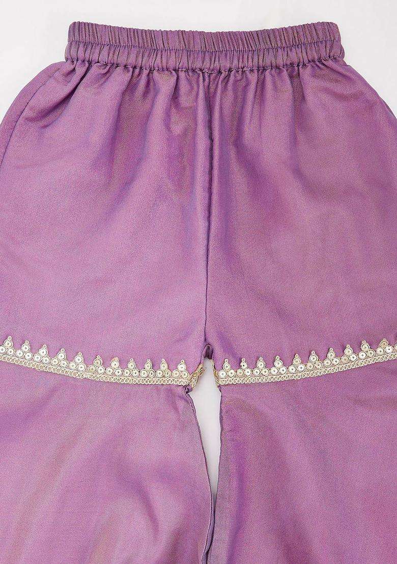Lavender Embroidered Tissue Kurta Set For Girls - Indya