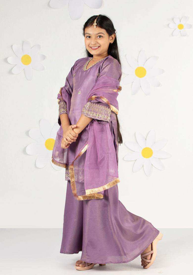 Lavender Embroidered Tissue Kurta Set For Girls - Indya