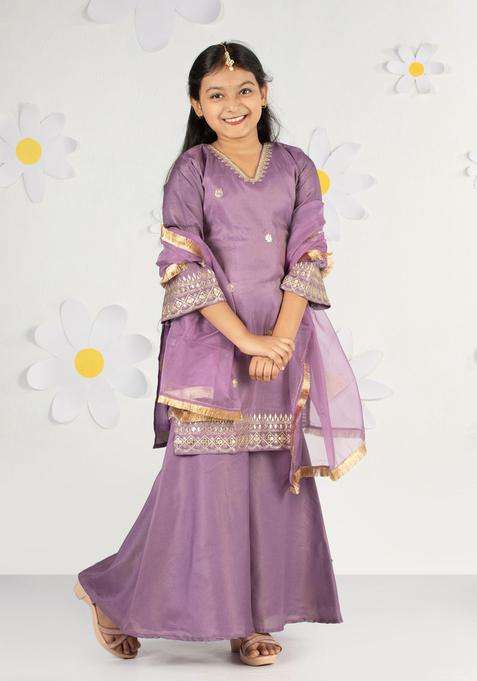 Lavender Embroidered Tissue Kurta Set For Girls