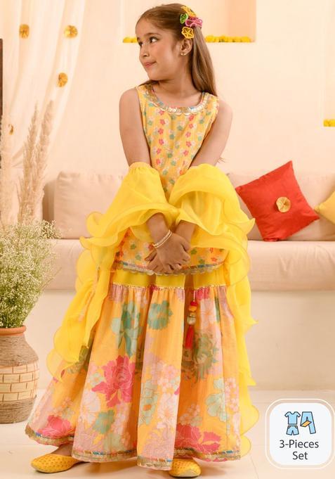 Yellow Printed Georgette Kurta Set For Girls — view on Indya