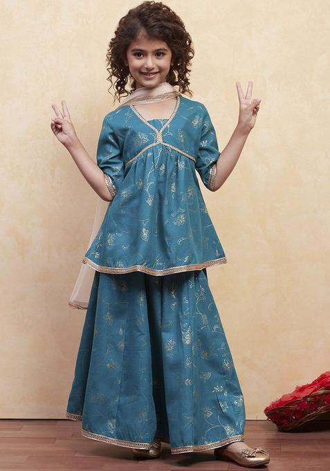 Green Printed Polyester Kurta Set For Girls — view on Indya