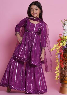 Purple Striped Cotton Kurta Set For Girls