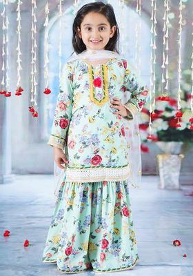 Green Printed Cotton Kurta Set For Girls