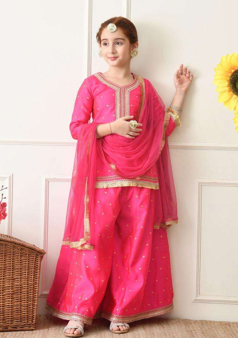Pink Printed Silk Kurta Set For Girls - Indya