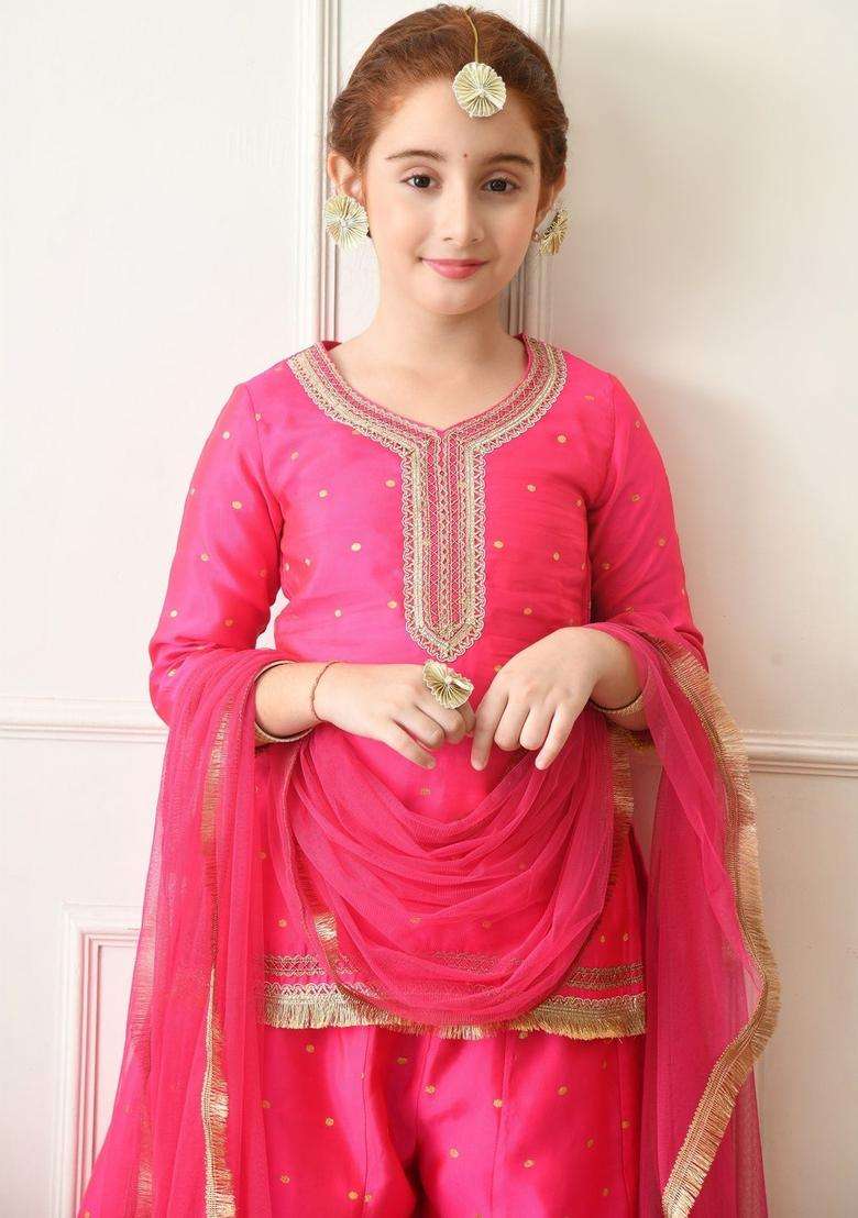 Pink Printed Silk Kurta Set For Girls - Indya