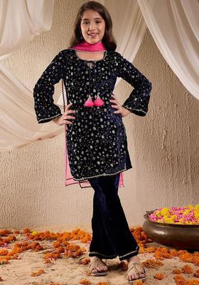 Navy Blue Embroidered Velvet Kurta Set For Girls