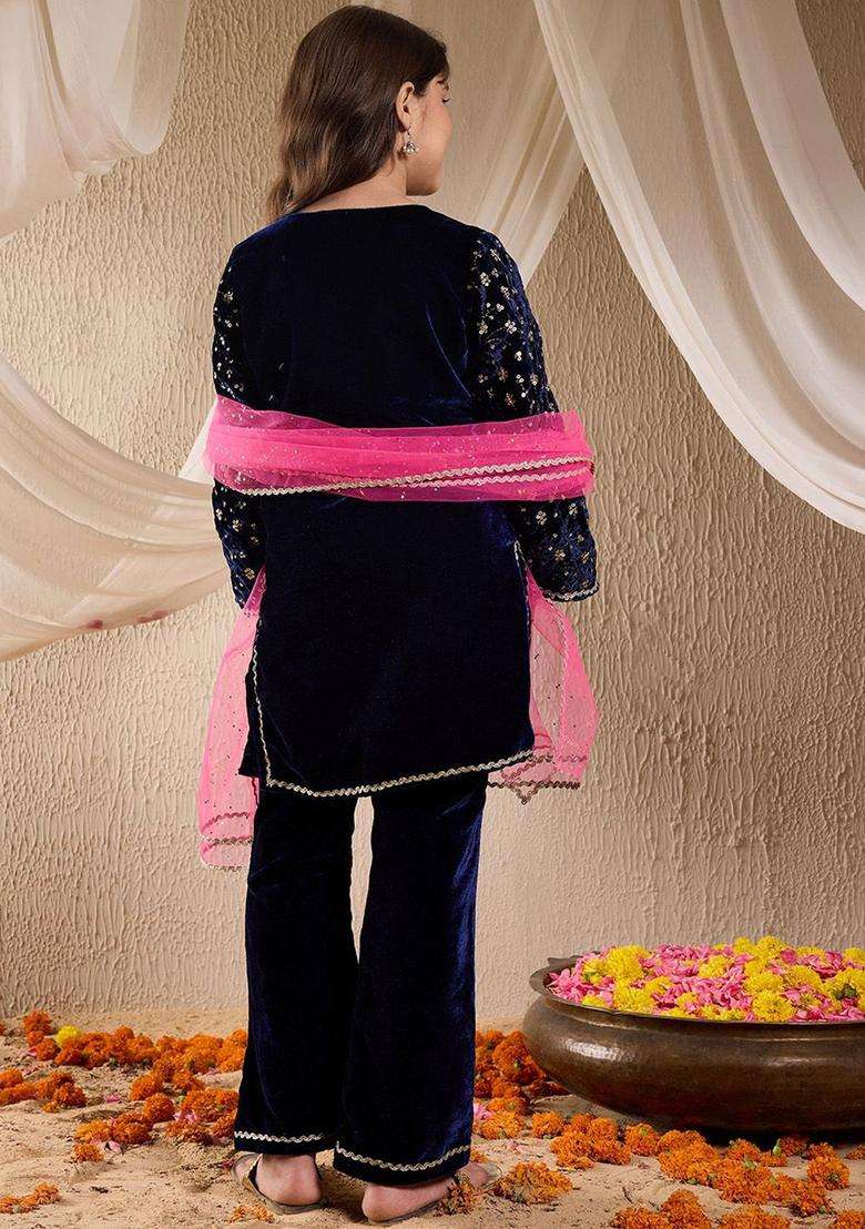 Navy Blue Embroidered Velvet Kurta Set For Girls - Indya