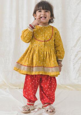 Mustard Printed Cotton Kurta Set For Girls