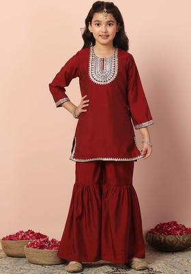 Maroon Embroidered Silk Kurta Set For Girls
