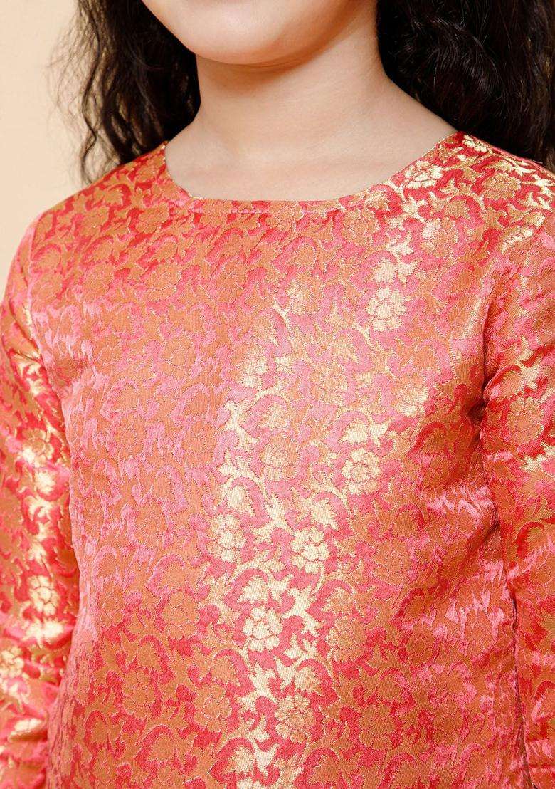 Pink Woven Design Silk Kurta Set For Girls - Indya
