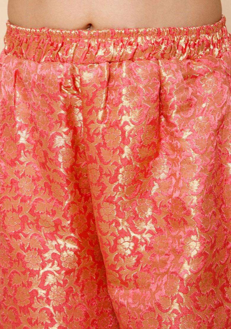 Pink Woven Design Silk Kurta Set For Girls - Indya