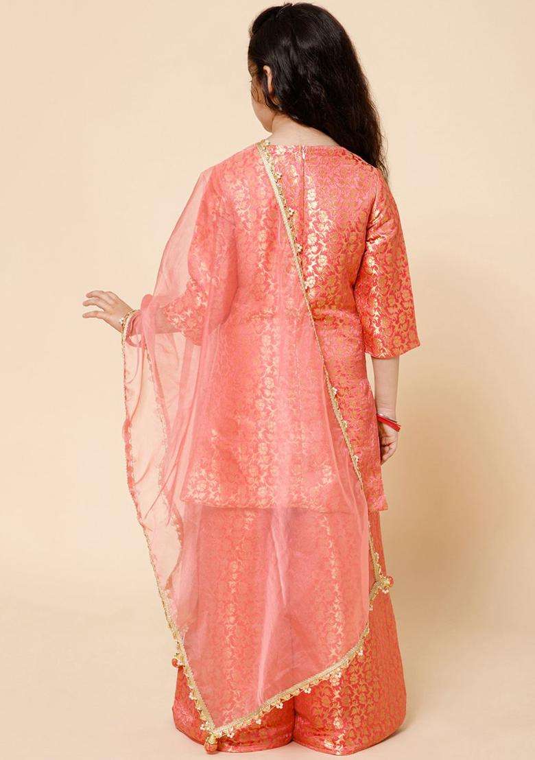 Pink Woven Design Silk Kurta Set For Girls - Indya