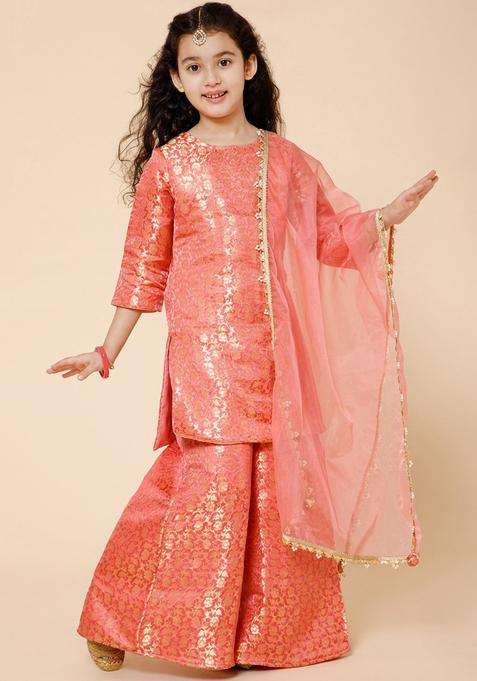 Pink Woven Design Silk Kurta Set For Girls