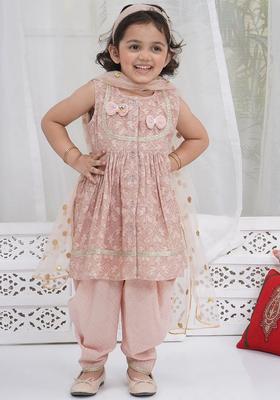 Brown Embroidered Cotton Kurta Set For Girls