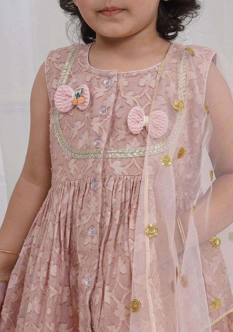 Brown Embroidered Cotton Kurta Set For Girls - Indya